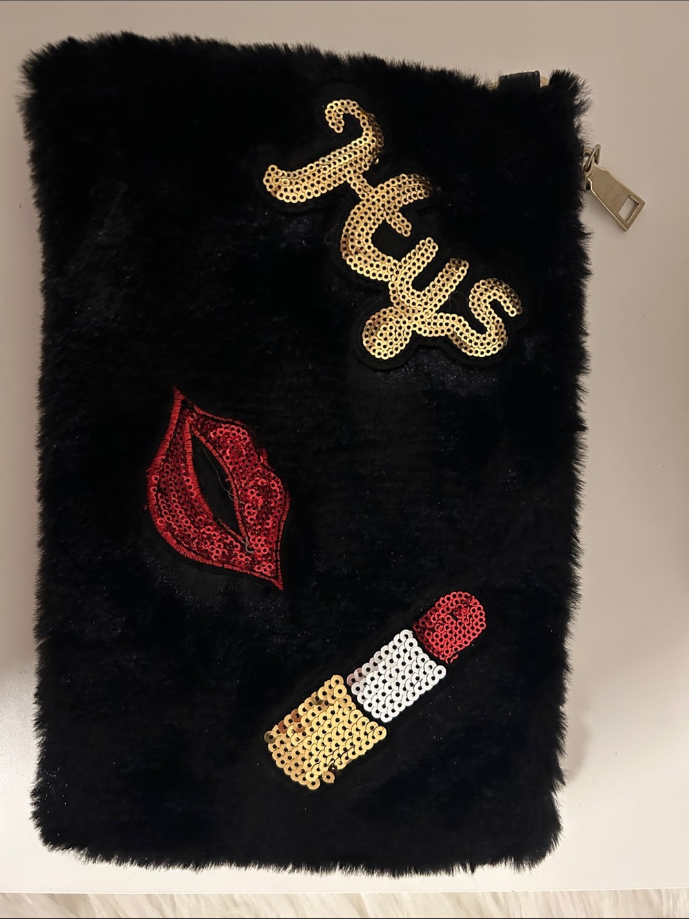 Black Faux Fur Sequin Clutch with Lipstick & Lips Appliqués